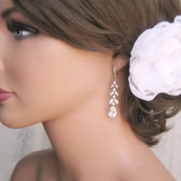 Elegant Linear Leaf Diamond CZ Dangle Earrings Long Silver Nadri Style - Picture 4 of 8